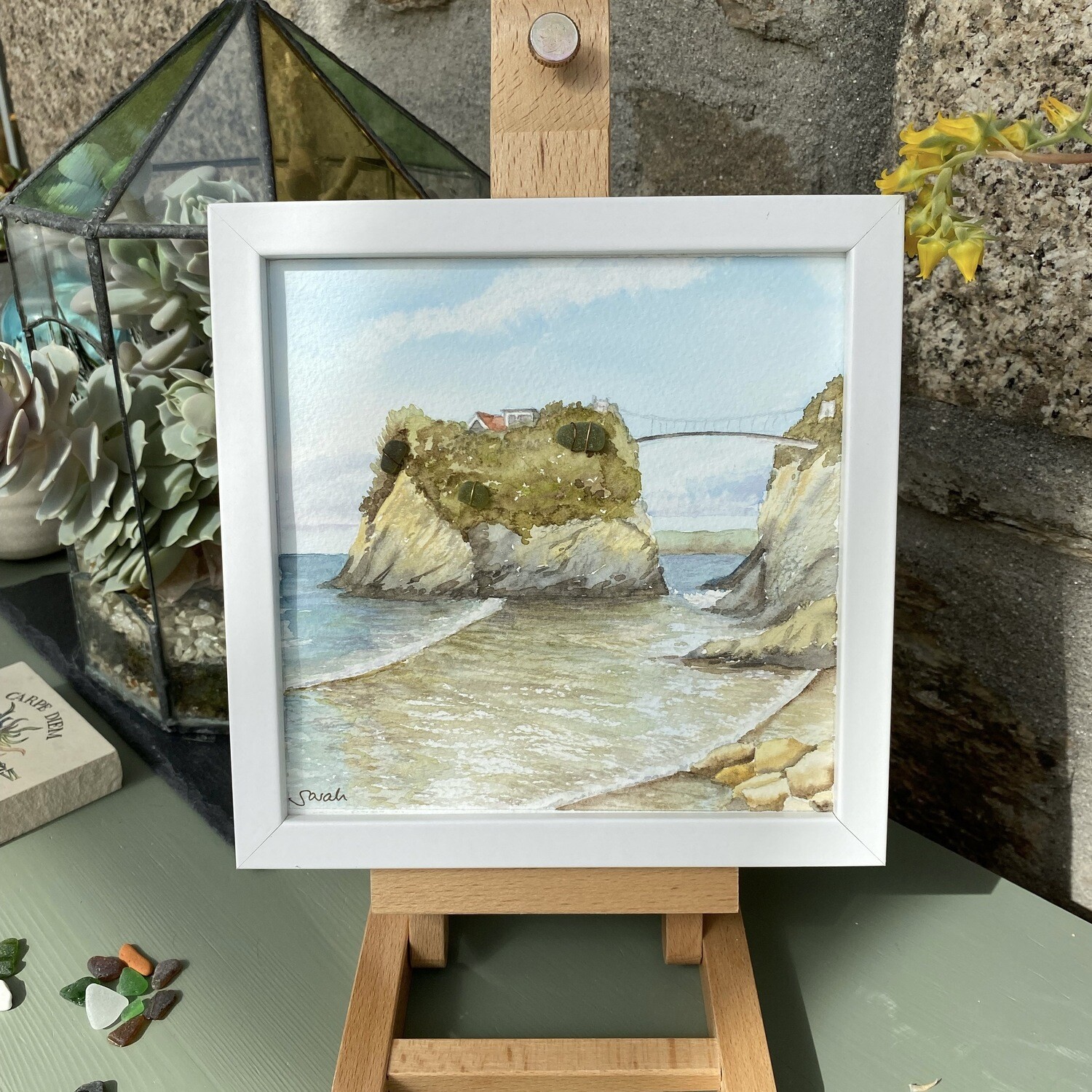 The Island House, Newquay, Cornwall Original Watercolour Painting with Cornish sea glass pieces FREE UK postage