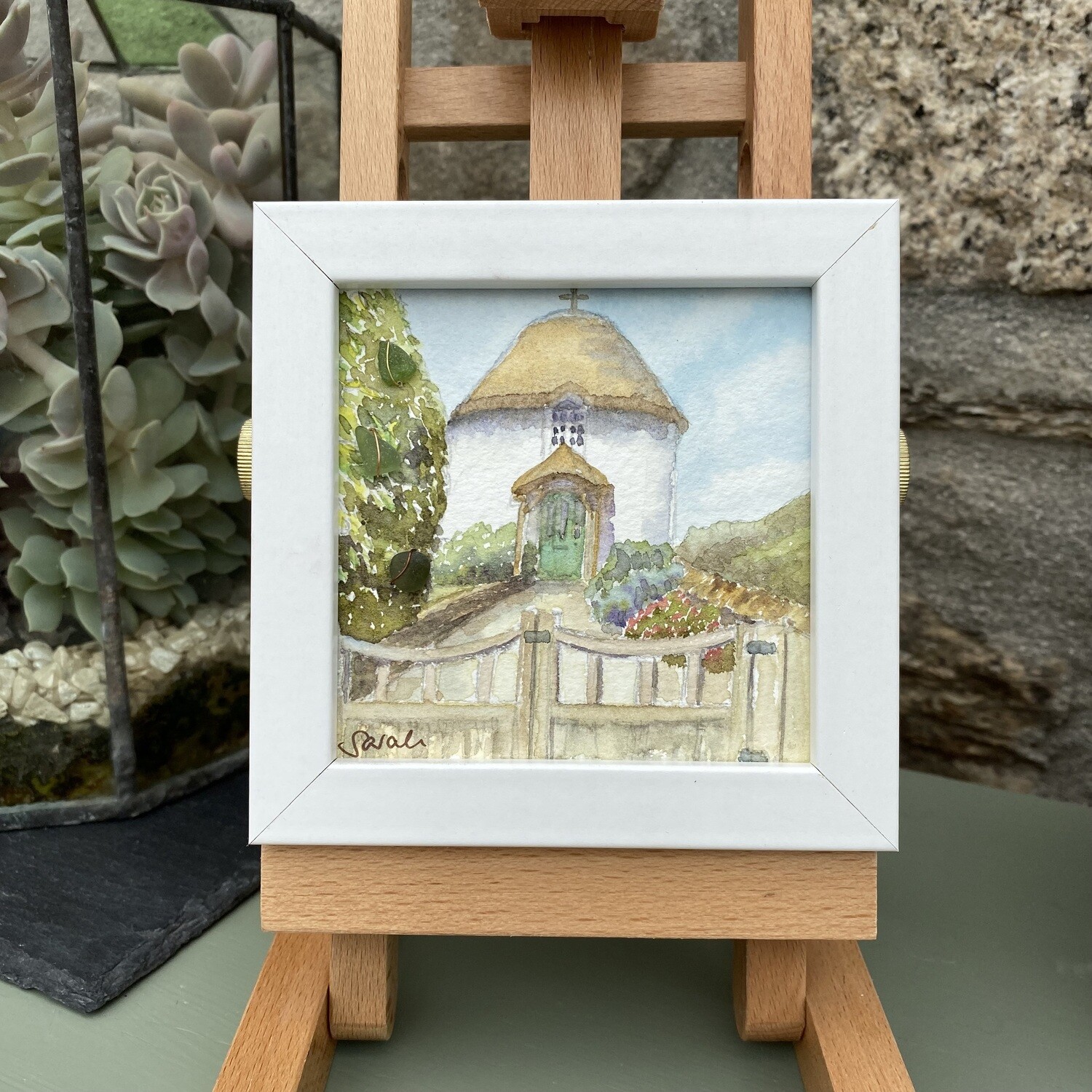 Roundhouse, Veryan, Cornwall Original watercolour with Cornish sea glass FREE UK postage