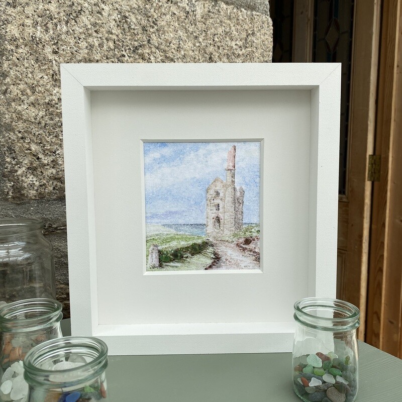 Wheal Owles, Botallack, Cornwall, Handmade Mixed Media Textile Art with Cornish Sea glass FREE UK postage