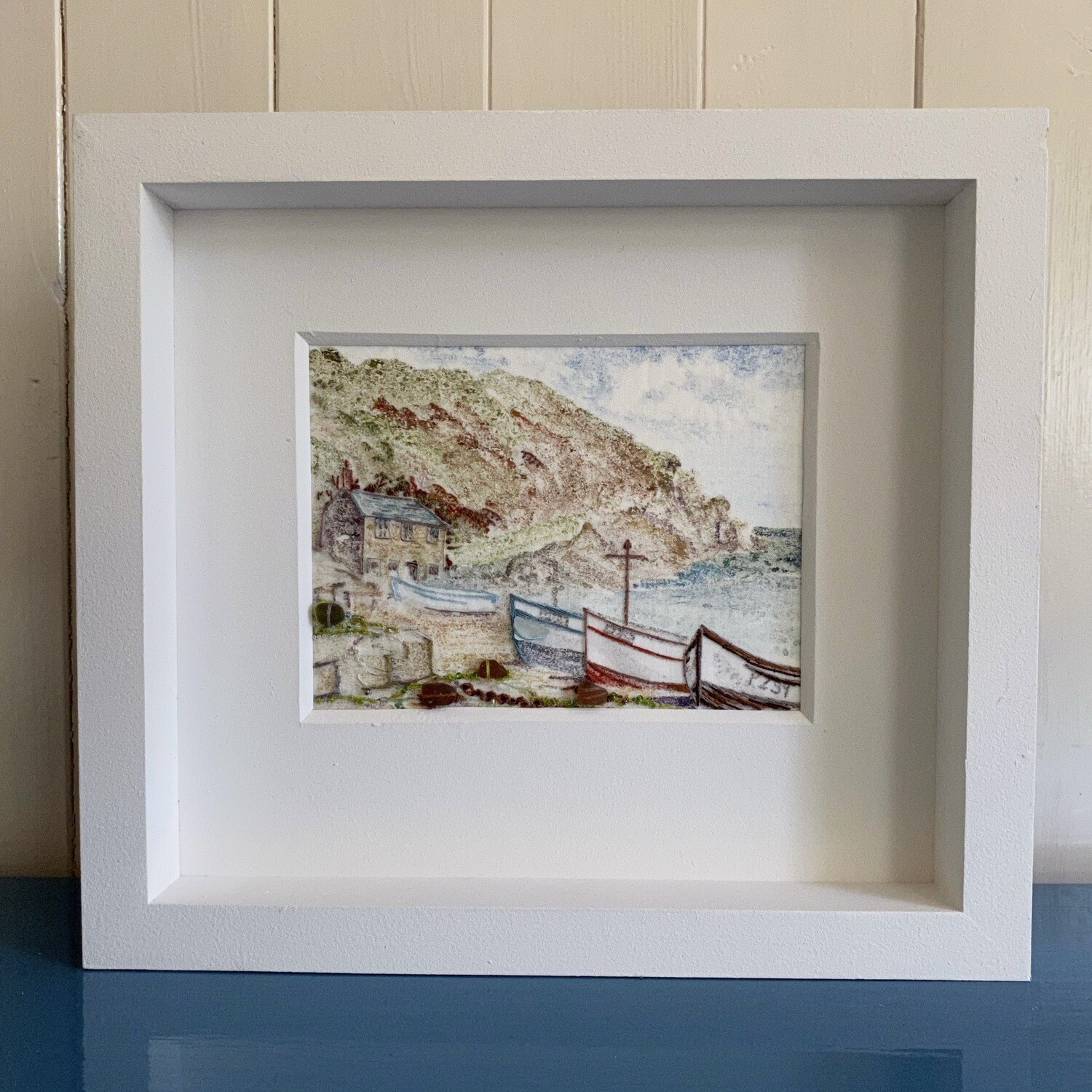 Penberth, Cornwall Original Mixed Media Painting with Cornish sea glass FREE UK postage