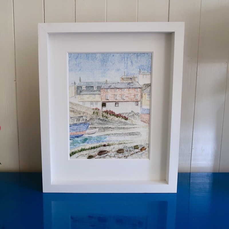 Mevagissey, Cornwall Original Mixed Media Painting with Cornish sea glass pieces FREE UK postage