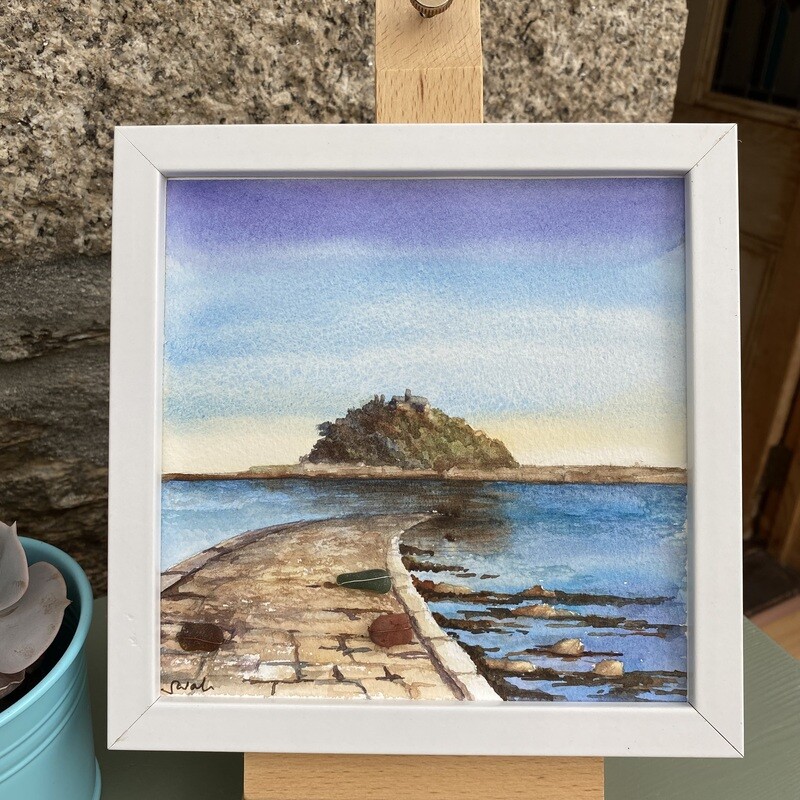 St Michael&#39;s Mount, Cornwall Original Watercolour Painting with Cornish sea glass pieces Free UK postage