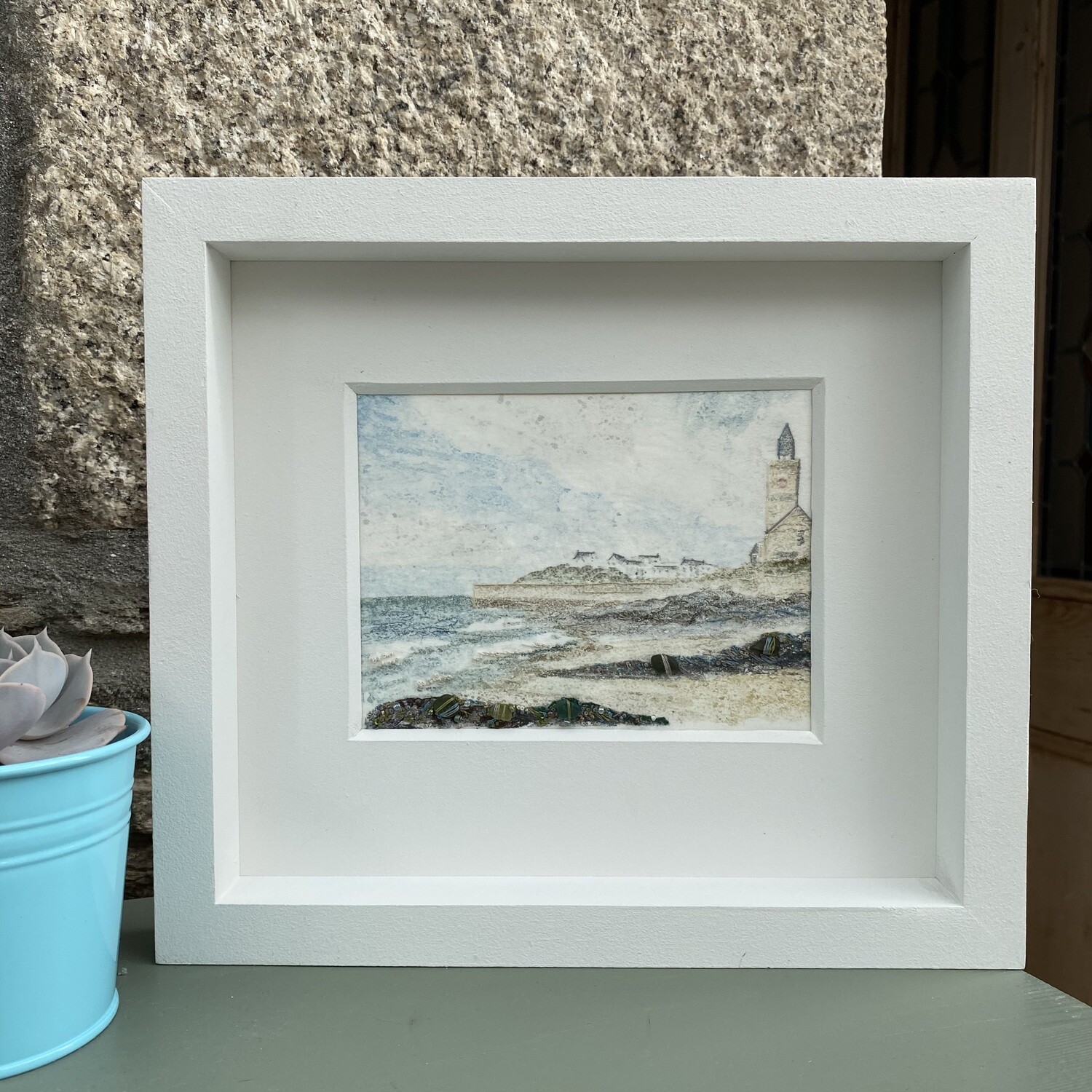 Porthleven, Cornwall Original watercolour with Cornish sea glass Free UK postage