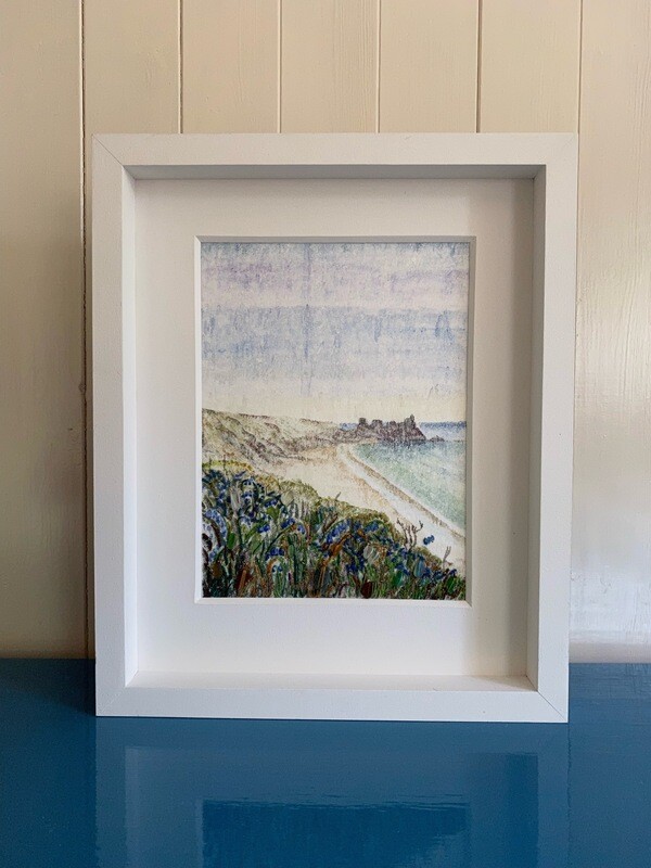 Pedn Vounder, Porthcurno Cornwall Original Mixed Media Painting with Cornish Sea glass FREE UK postage