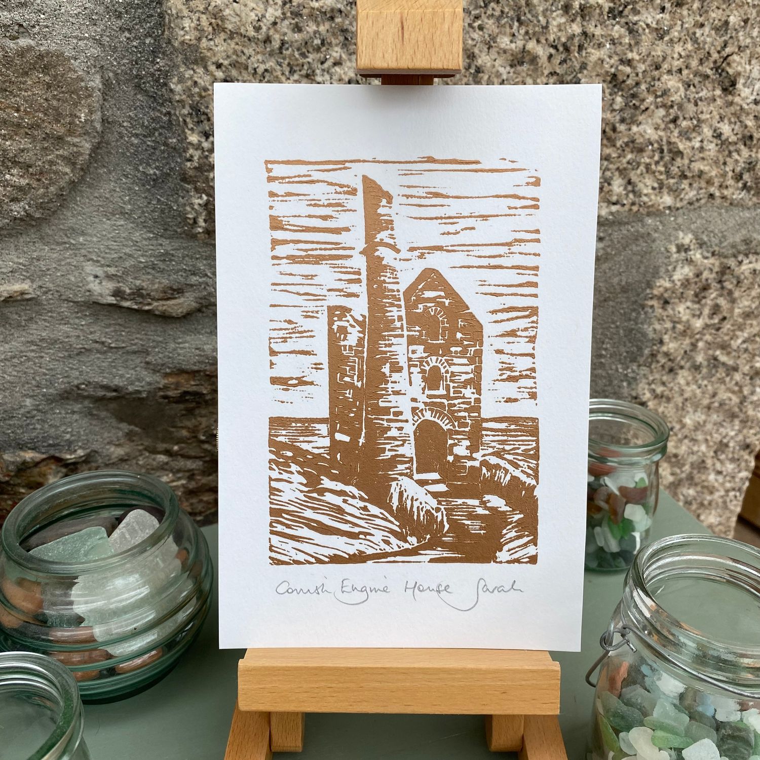 Cornwall. Linocut print using copper paint Tin Mine Engine House, Botallack