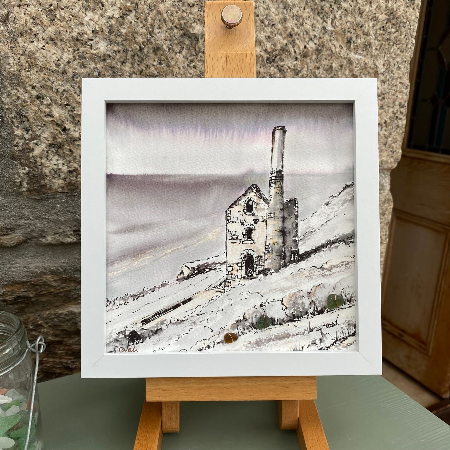 Cornwall Original Pen &amp; Wash Painting of Wheal Coates, with Cornish sea glass pieces