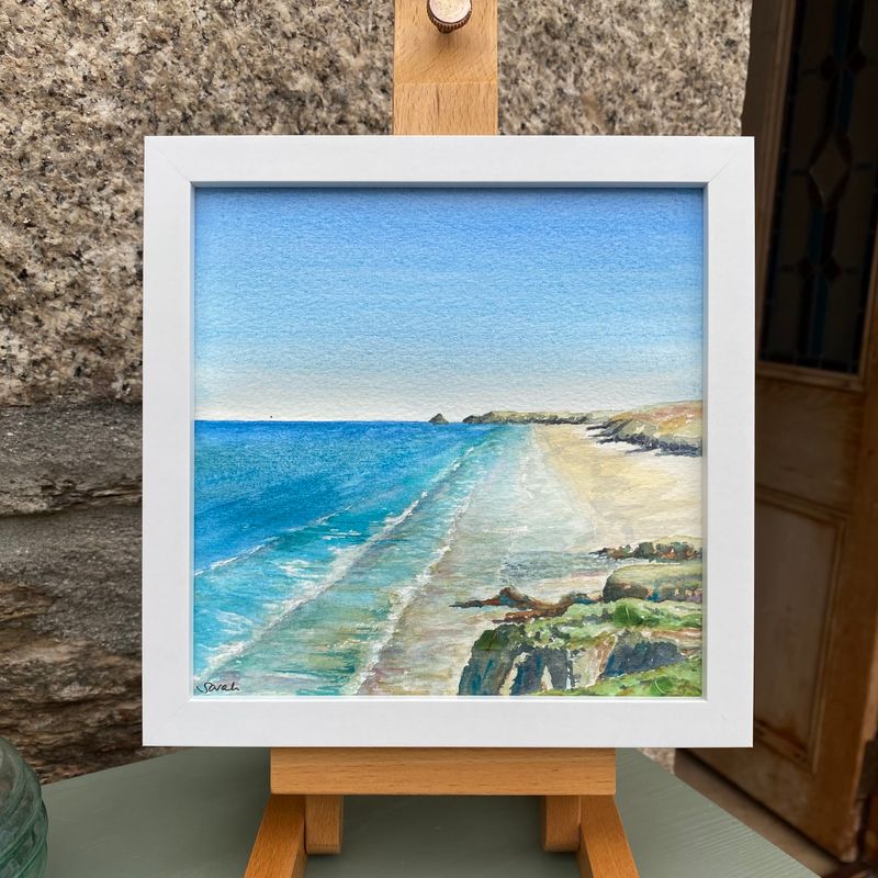 Cornwall Original Watercolour Painting with Cornish sea glass pieces Perranporth