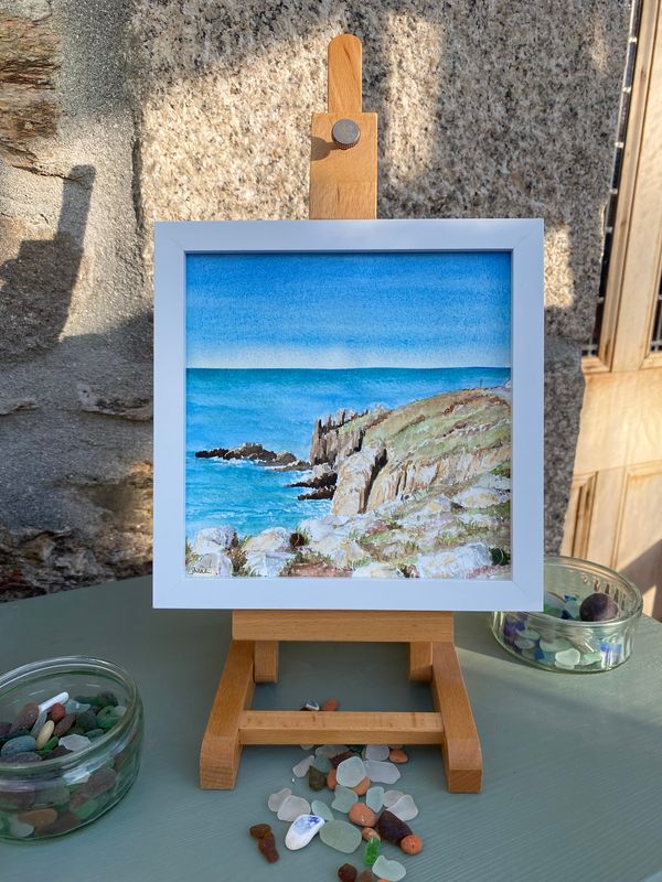 Cornwall Original Watercolour Painting with Cornish sea glass pieces, Most Southerly Point at the Lizard