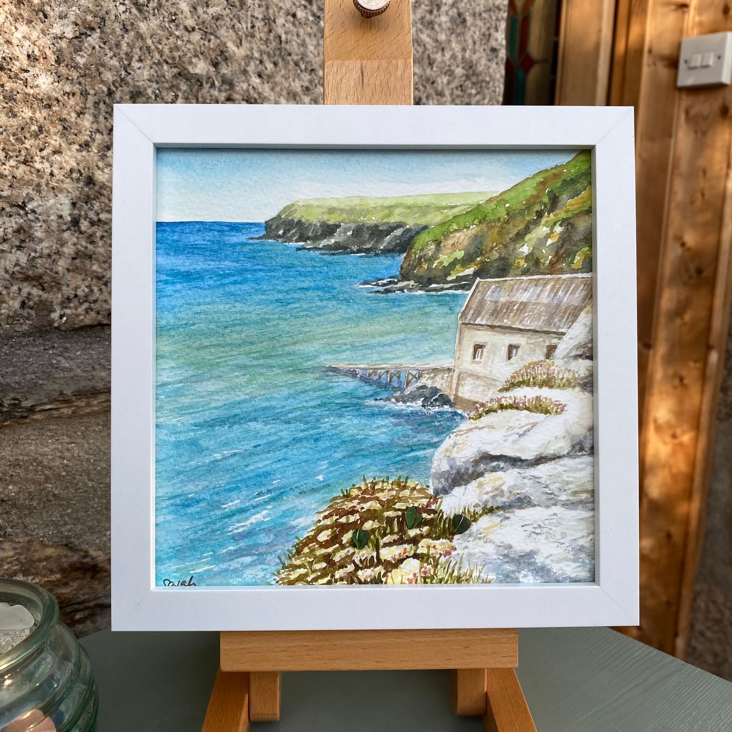 Cornwall Original Watercolour Painting with Cornish sea glass pieces, Most Southerly Point at the Lizard