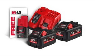 Milwaukee - Energy Kit M18 con 2  batterie 5.5 Ah, 1  Caricabatterie, 1 Batteria 12V 3 Ah