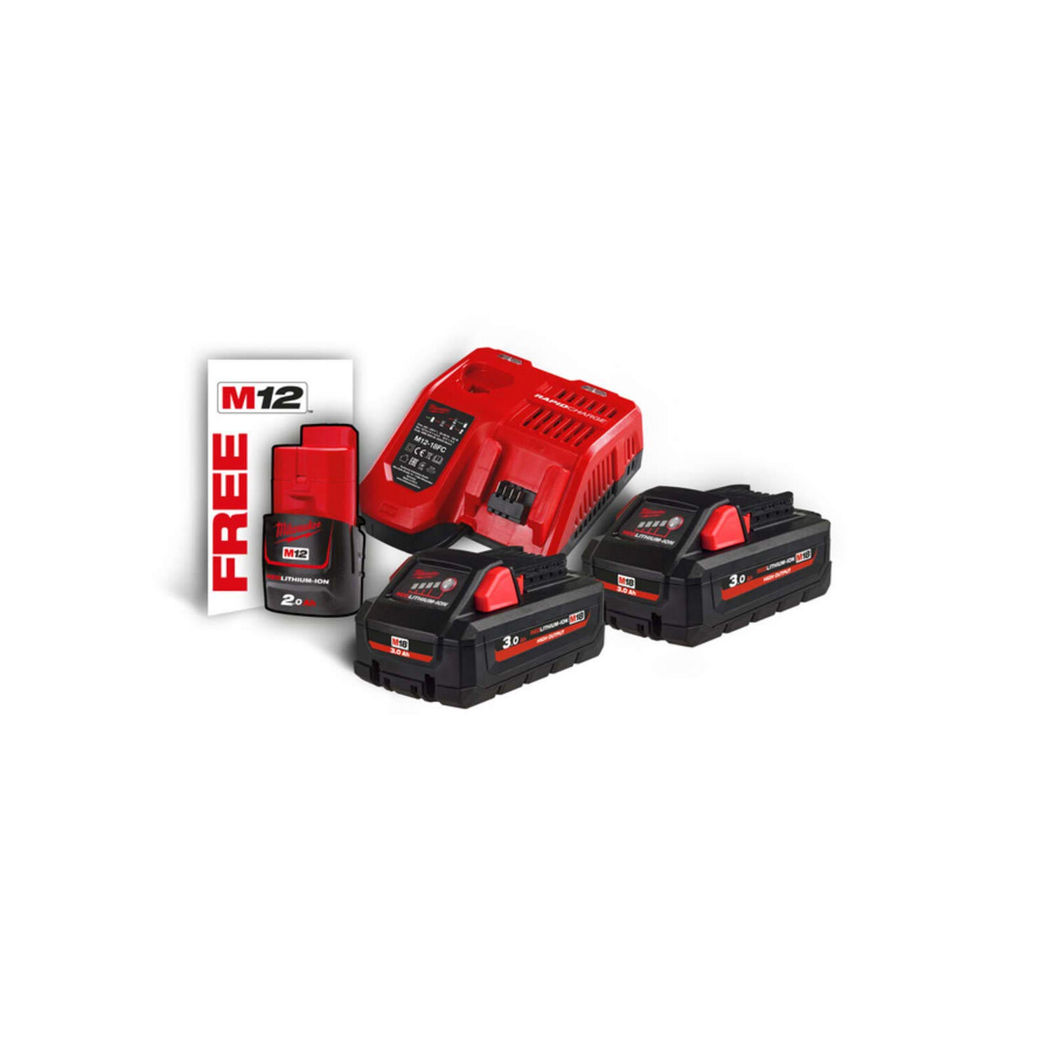 Milwaukee - Energy Kit M18 con 2  batterie 3.0 Ah, 1  Caricabatterie, 1 Batteria 12V 2 Ah