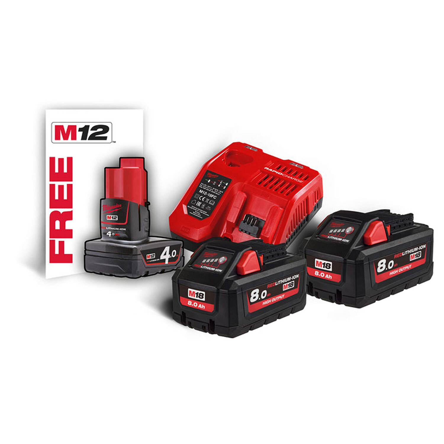 Milwaukee - Energy Kit M18 con 2  batterie 8.0 Ah, 1  Caricabatterie, 1 Batteria 12V 4 Ah
