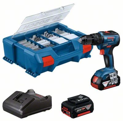 Bosch - Trapano Avvitatore a percussione Gsb 18V-55 + 2 Batt. 4.0Ah  Pick & Click con 82 accessori