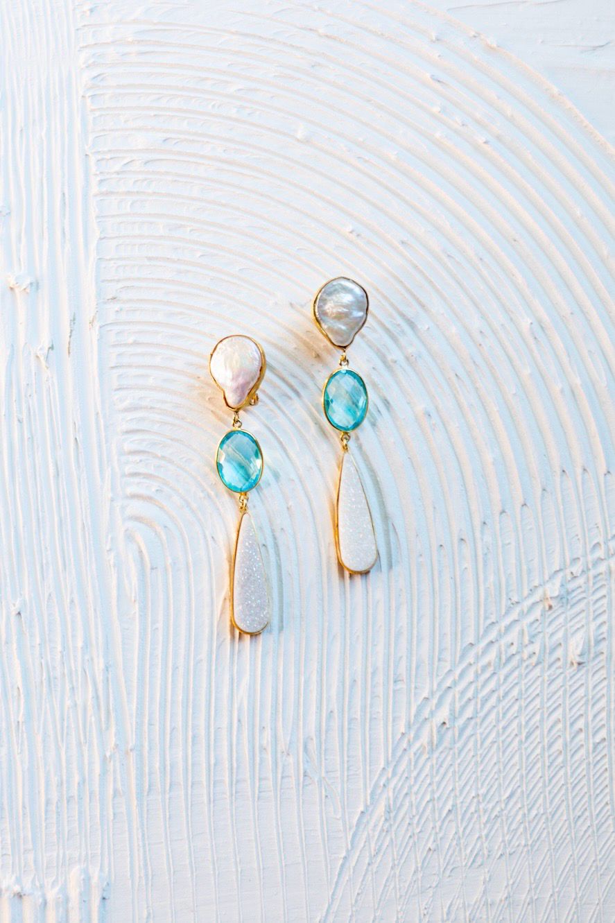 Pearl, Aquamarine And Agate Druzy Earrings