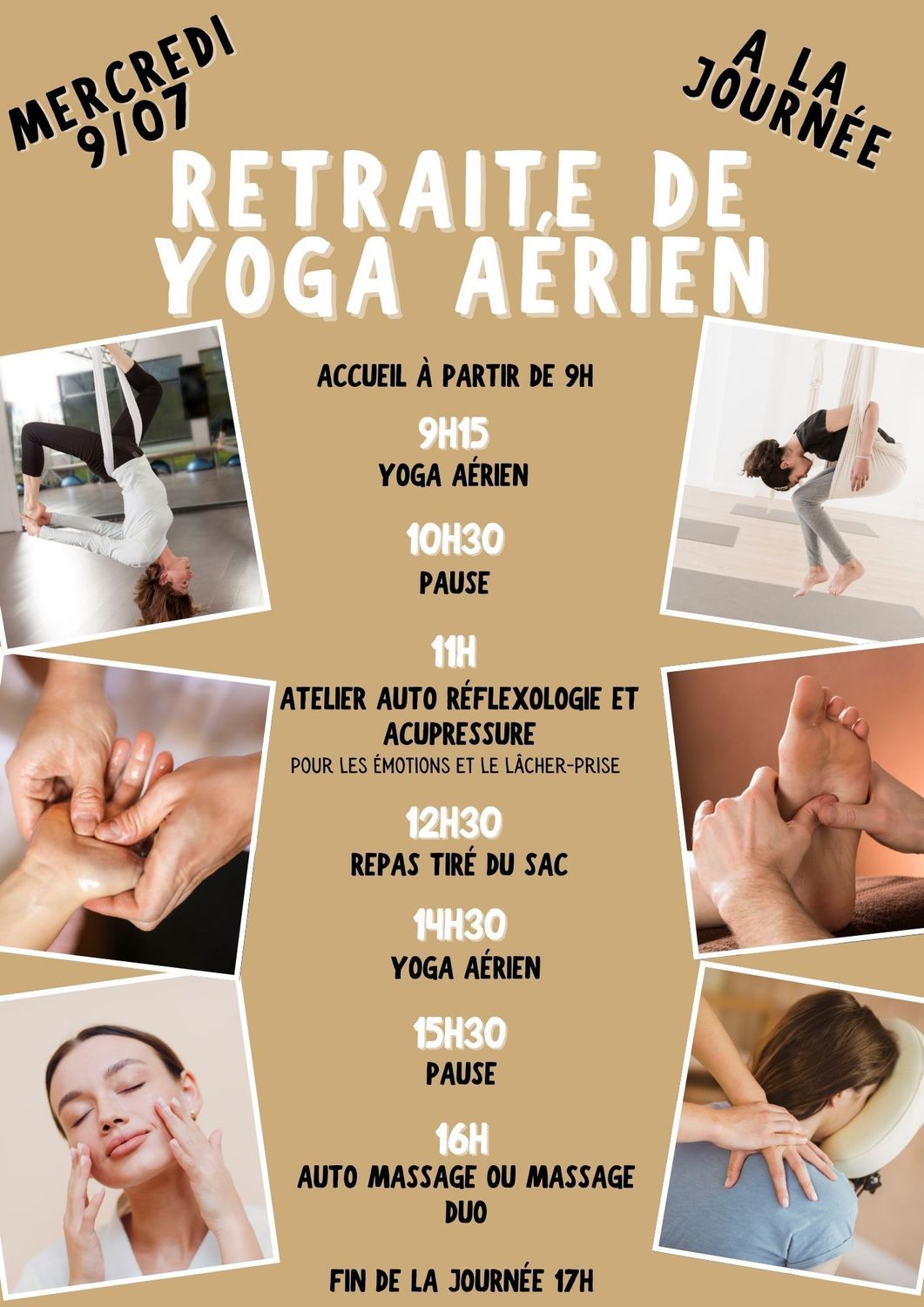 Retraite de Yoga Aérien 9 Juillet 2025  - 1 jour : yoga aérien, atelier auto réflexologie et acupressure, auto massage