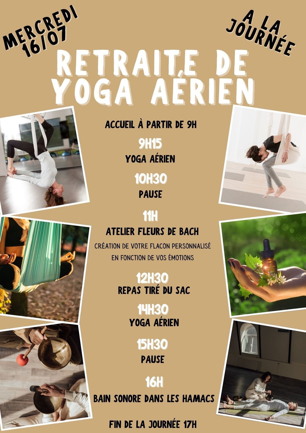 Retraite de Yoga Aérien 16 Juillet 2025  - 1 jour : yoga aérien, atelier Fleurs de Bach et bain sonore dans les hamacs