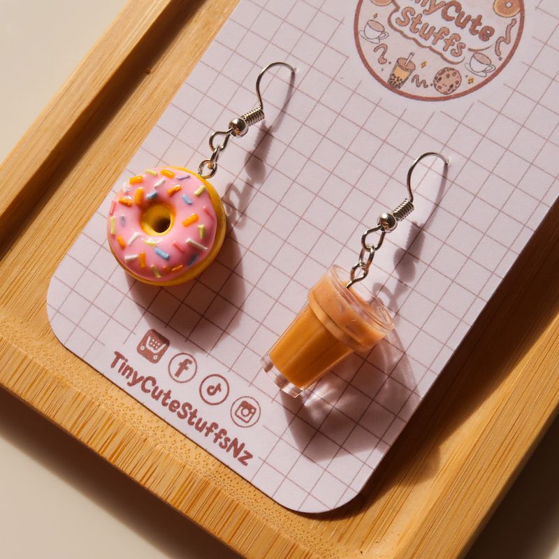 Doughnut And Iced Coffee Earrings | Chocolate or Strawberry Sprinkle Donut | Iced Latte / Iced Americano