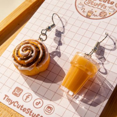 Cinnamon Bun &amp; Iced Coffee Earrings | Cinnamon Roll with Iced Latte / Americano Earrings