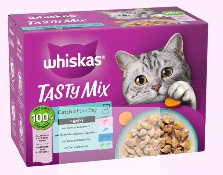 WHISKAS® 1+ Catch of the Day Mix Adult Wet Cat Food Pouches in Gravy 12x85g