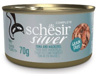 SCHESIR Tuna And Mackerel in broth 70g in can Complete and balanced wet food for senior cats