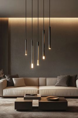 soggiorno moderno con illuminazione di lampada da soffitto a cascata 