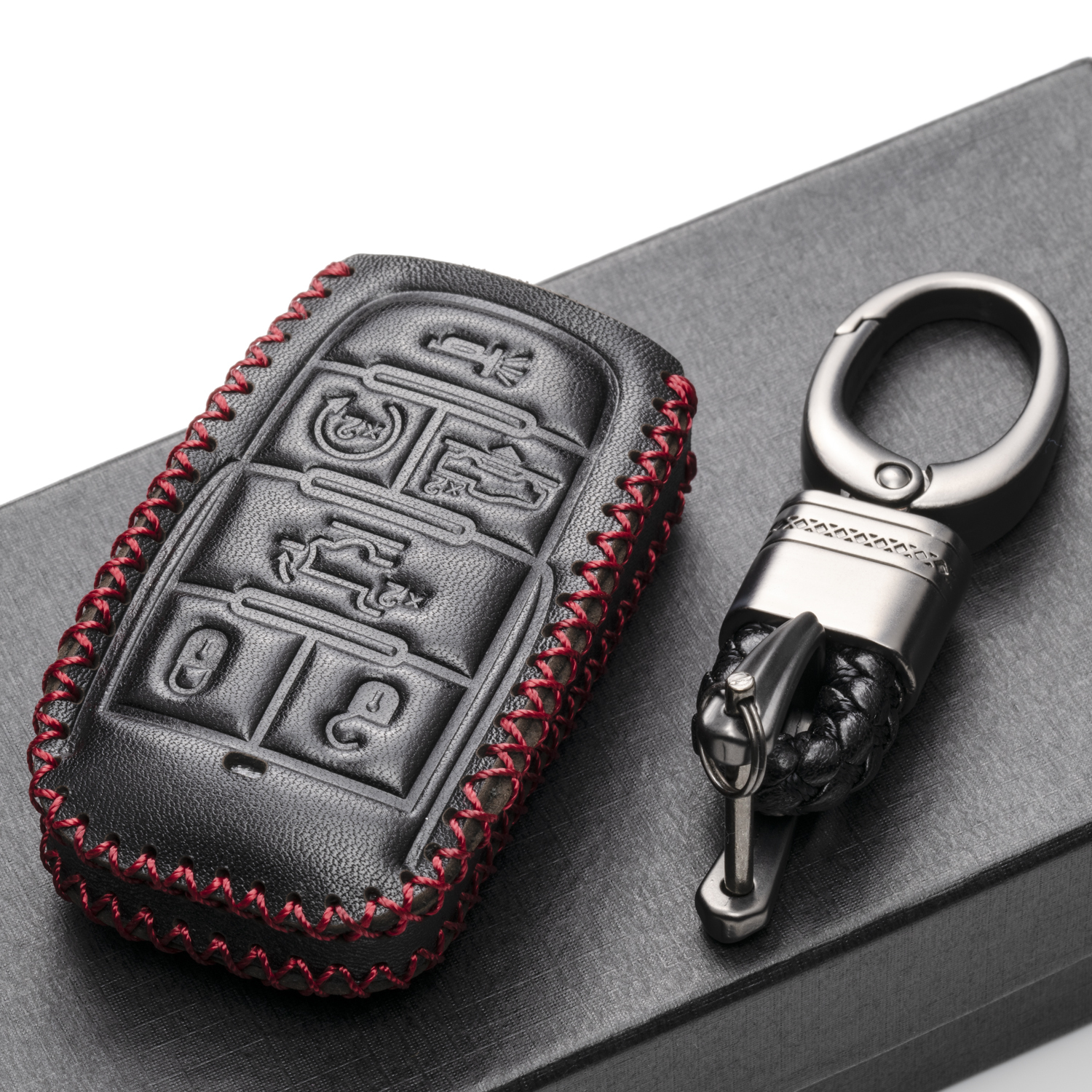 4 Buttons, Red Vitodeco Genuine Leather Smart Key Keyless Remote Entry Fob Case Cover with Leather Key Chain for BMW 1 2 5 7 M Series X1 X4 X5 X6