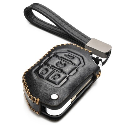 Vitodeco Genuine Leather Smart Key Fob Case Cover Protector with Leather Key Chain for 2019-2020 Chevrolet Silverado 1500 3500 5-Button, Black 2019 GMC Sierra 2500