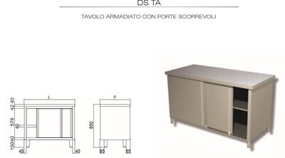 TAVOLO INOX AISI 304 - ARMADIATO cm 180x70x85h - PORTE SCORREVOLI