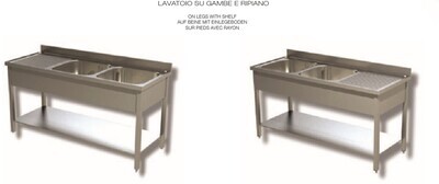 LAVELLO 2 VASCHE E SCIVOLO DX/SX SU GAMBE E RIPIANO SOTTOSTANTE - INOX AISI 304 cm 200X60X85h