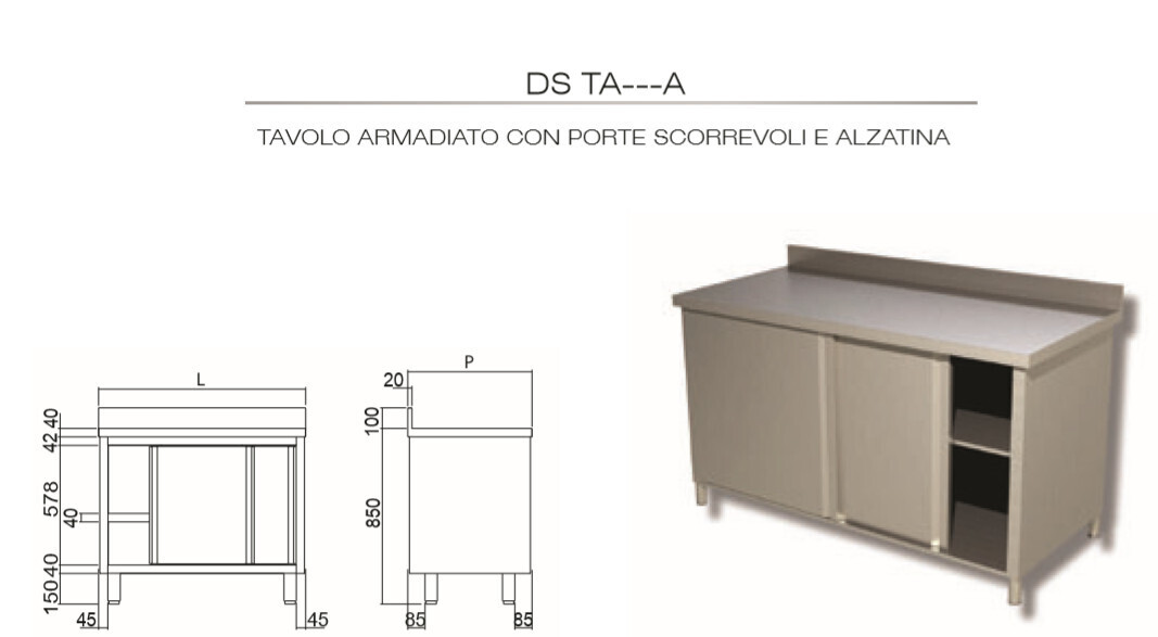 TAVOLO INOX AISI 304 - ARMADIATO CON ALZATINA cm 110x60x85h - porte SCORREVOLI
