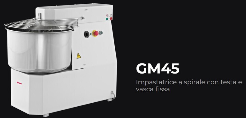 IMPASTATRICE a SPIRALE VASCA e TESTA FISSA per PIZZERIA GM 45 TRIFASE 2 VELOCITA'