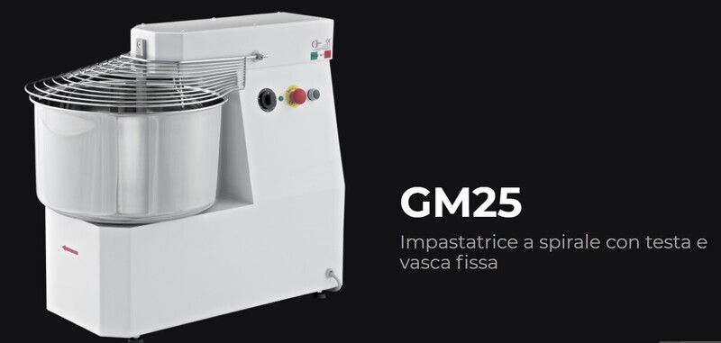 IMPASTATRICE a SPIRALE VASCA e TESTA FISSA per PIZZERIA GM 25 TRIFASE 2 VELOCITA'