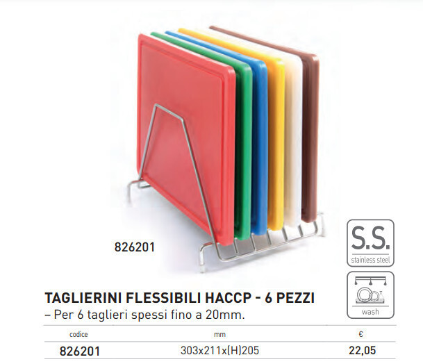 TAGLIERINI FLESSIBILI HACCP cm 30,3x21,1x0,2h colori bianco, rosso, blu, verde, marrone, giallo, porpora - KIT di 6 pezzi