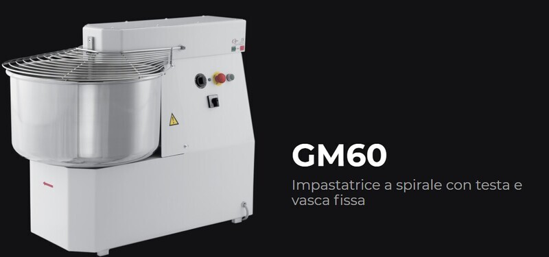 IMPASTATRICE a SPIRALE VASCA e TESTA FISSA per PIZZERIA GM 60 TRIFASE 2 VELOCITA'