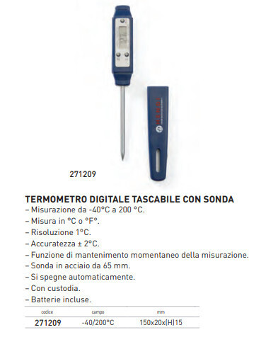 TERMOMETRO DIGITALE con SONDA TASCABILE - scala -40°+200°C