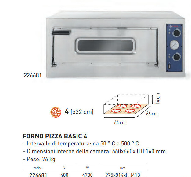 FORNO per PIZZERIA serie BASIC - 1 CAMERA 4 PIZZE