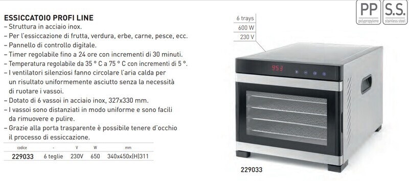 ESSICCATOIO TOP LINE per ALIMENTI - 6 vassoi mm 327x330