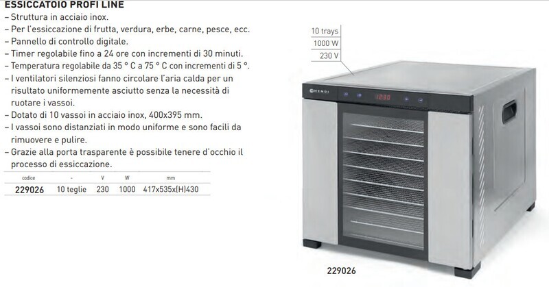 ESSICCATOIO TOP LINE per ALIMENTI - 10 vassoi mm 400x395