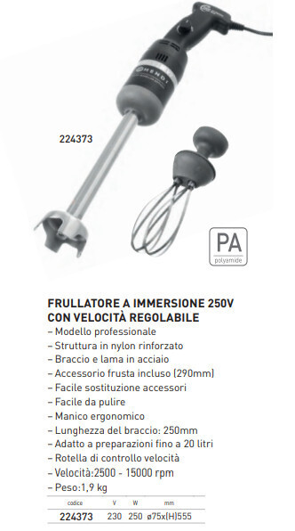 FRULLATORE ad IMMERSIONE 250W - CON FRUSTA e VELOCITA' REGOLABILE