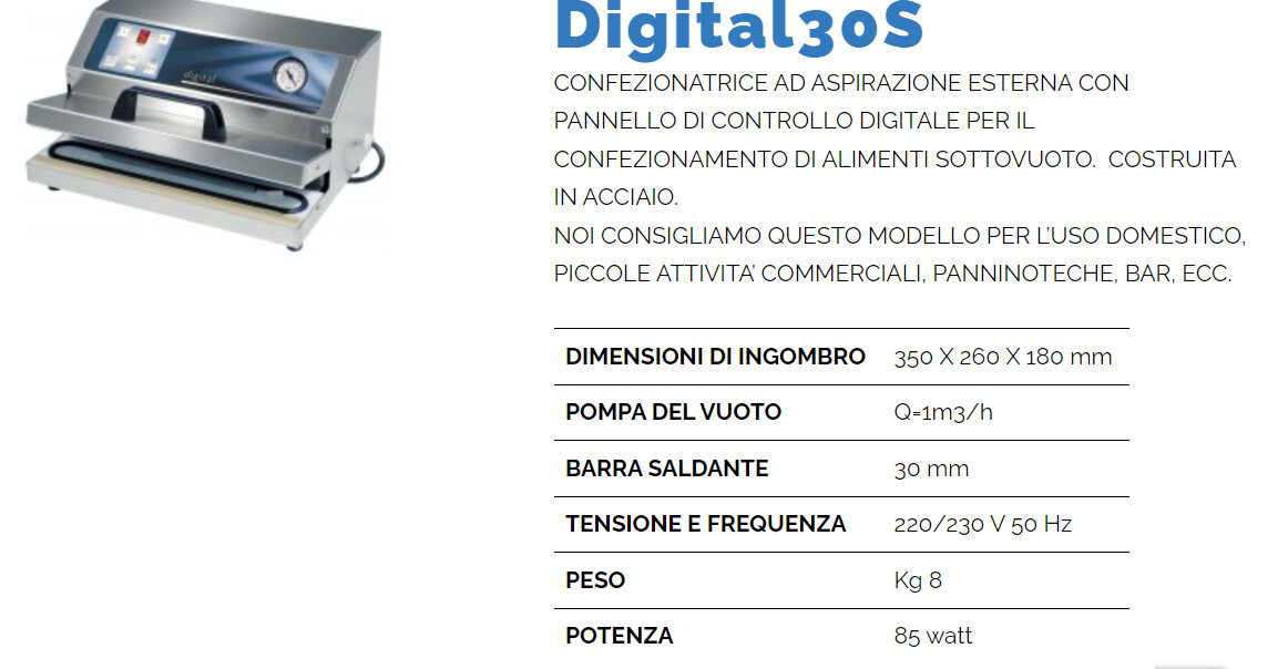 CONFEZIONATRICE per SOTTOVUOTO da BANCO ad ASPIRAZIONE ESTERNA, in ACCIAIO INOX, barra da cm 30 - PANNELLO DIGITALE mod.