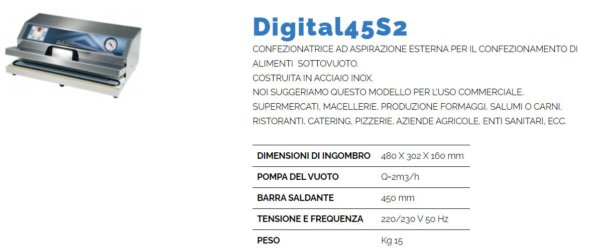 CONFEZIONATRICE per SOTTOVUOTO da BANCO ad ASPIRAZIONE ESTERNA, in ACCIAIO INOX, barra da cm 45 - PANNELLO DIGITALE mod.