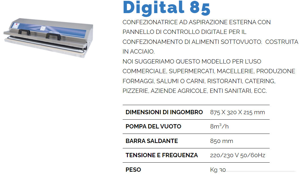 CONFEZIONATRICE per SOTTOVUOTO da BANCO ad ASPIRAZIONE ESTERNA, in ACCIAIO INOX, barra da cm 85- PANNELLO DIGITALE mod.