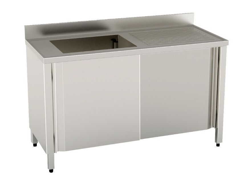 LAVELLO 1 VASCA E SCIVOLO DX/SX  - ARMADIATO con PORTE SCORREVOLI - INOX AISI 304 cm 100X70X85h