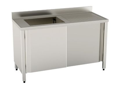 LAVELLO 1 VASCA E SCIVOLO DX/SX  - ARMADIATO con PORTE SCORREVOLI - INOX AISI 304 cm 140X70X85h