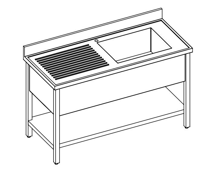 LAVELLO 1 VASCA E SCIVOLO DX/SX SU GAMBE E RIPIANO SOTTOSTANTE - INOX AISI 304 cm 140X70X85h