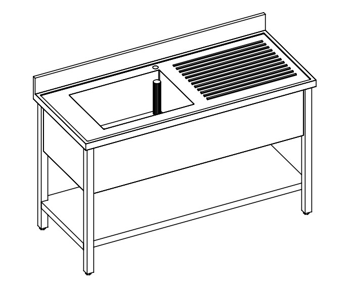 LAVELLO 1 VASCA E SCIVOLO DX/SX SU GAMBE E RIPIANO SOTTOSTANTE - INOX AISI 304 cm 100X60X85h