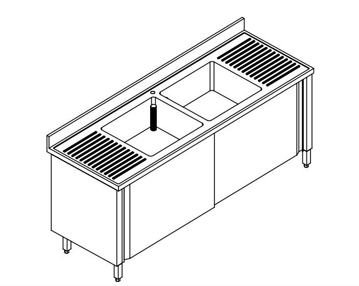LAVELLO 2 VASCHE e 2 SCIVOLI ARMADIATO  con PORTE SCORREVOLI - INOX AISI 304 cm 210X70X85h