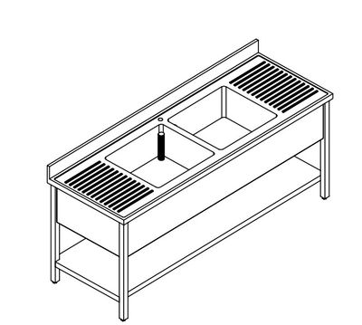 LAVELLO 2 VASCHE E  2 SCIVOLI , SU GAMBE E RIPIANO SOTTOSTANTE - INOX AISI 304 cm 190X70X85h