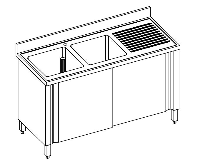 LAVELLO 2 VASCHE E SCIVOLO DX/SX ARMADIATO CON PORTE SCORREVOLI - INOX AISI 304 cm 190X60X85h