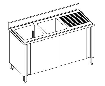 LAVELLO 2 VASCHE E SCIVOLO DX/SX ARMADIATO CON PORTE SCORREVOLI - INOX AISI 304 cm 190X60X85h